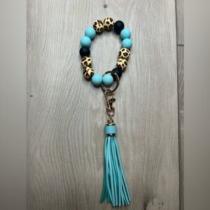 NWT Leopard Print Beaded Tassel Keychain in Teal